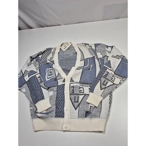 Vintage London Fog Sweater Mens XL Multicolor Geometric Cardigan Knit USA 80s